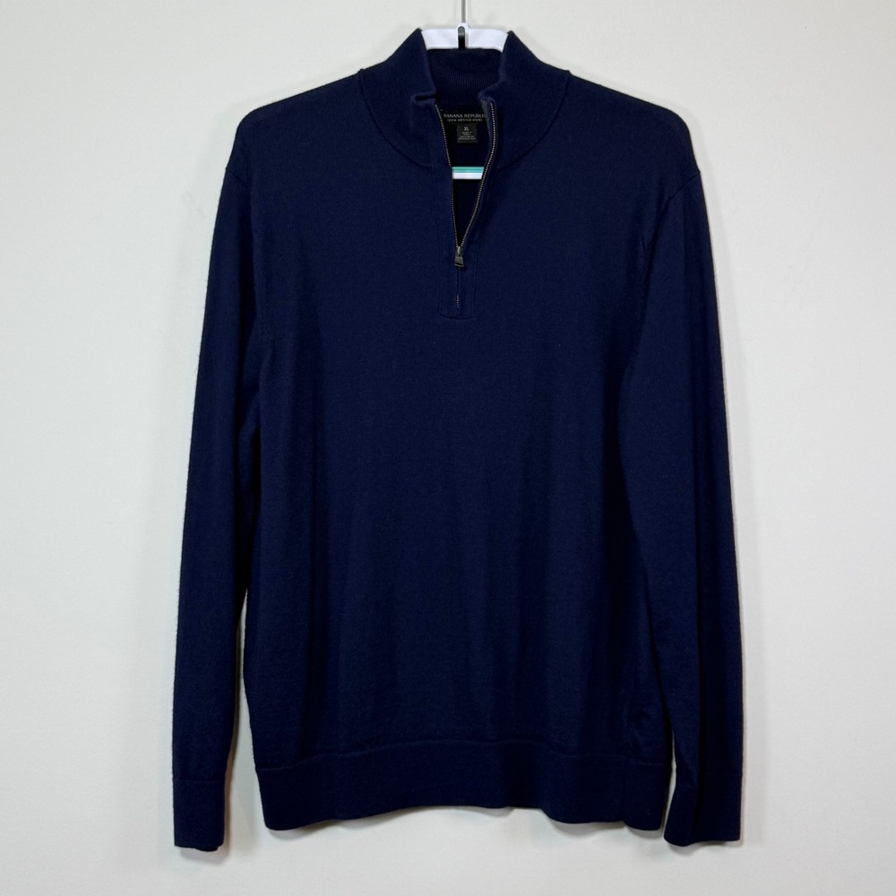 Banana Republic Sweater Mens XL Navy Blue Merino Wool Quarter Zip Fall Layers